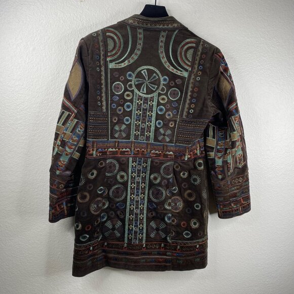 Pamela McCoy Coat Women's Brown Sz M Embroidered Studded Boho Ecletic Mid Length - Picture 3 of 16